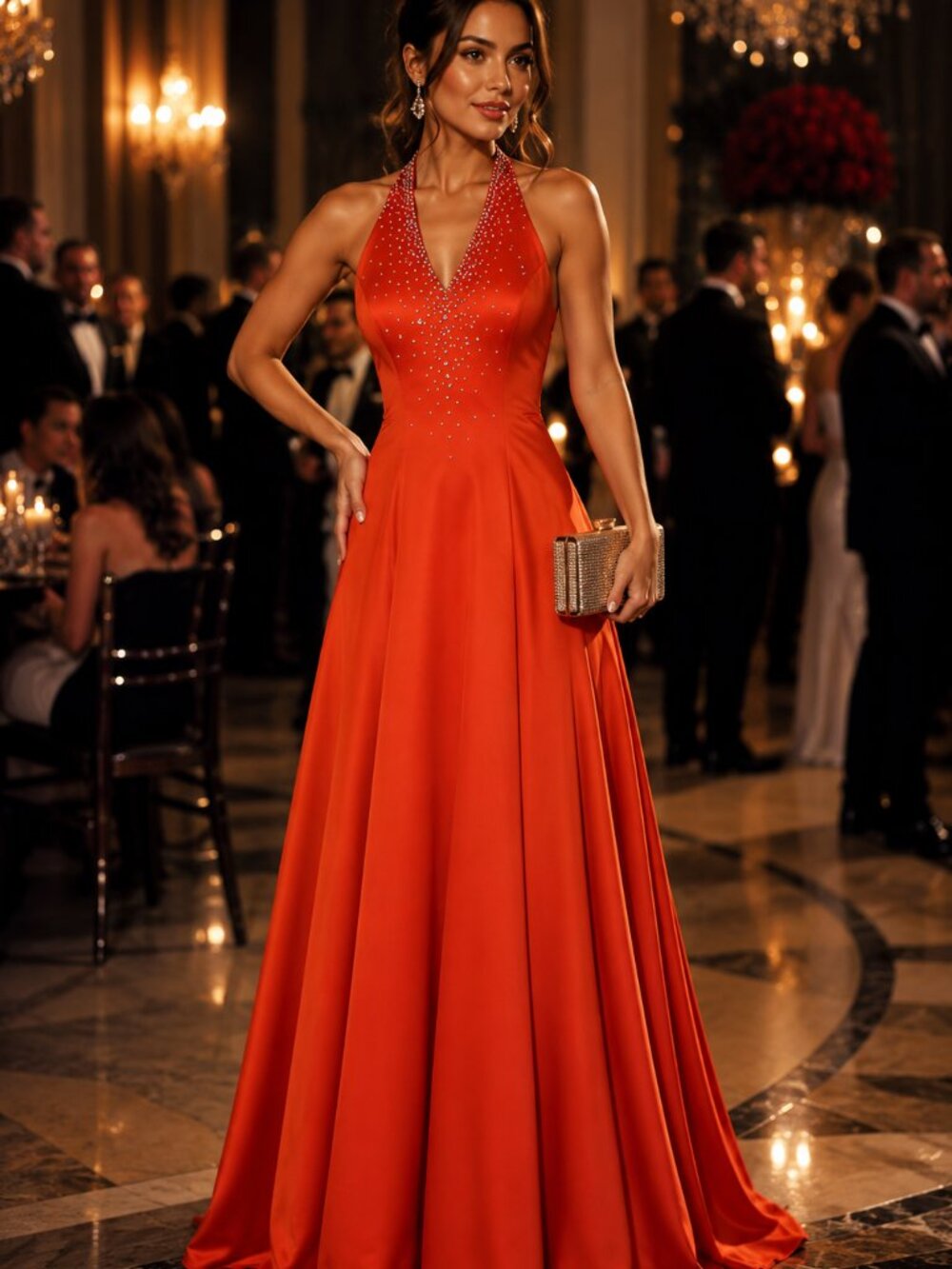 Vintage Orange Halter Evening Gown Women's Size 2 Embellished Glam Formal Dress